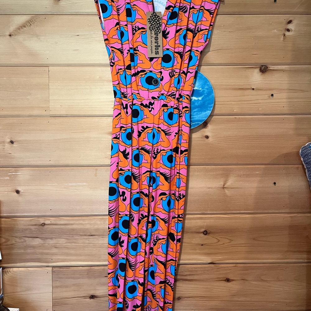 Nooworks Bright Pink Orange & Blue Printed Sleeveless Jumpsuit - Picture 3 of 4